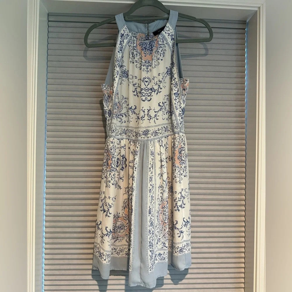 BCBGMazAzria dress light blue and pink pattern on white